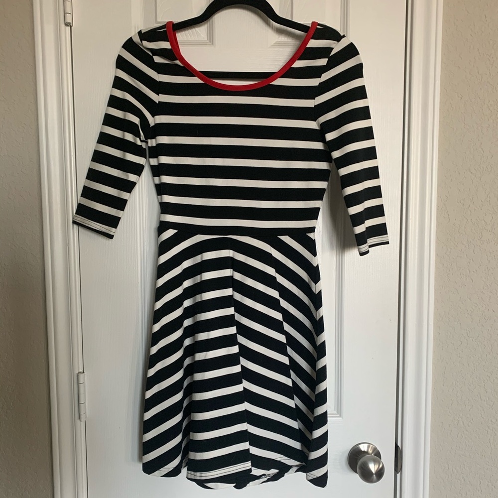 Black and white striped zip back  flareout dress